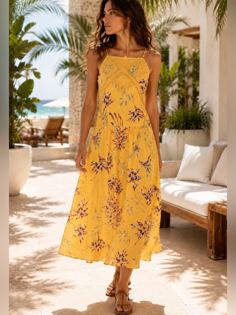 Roxy Tropical Resort Midi Dress Yellow Open Back Crochet Lace Sundress L